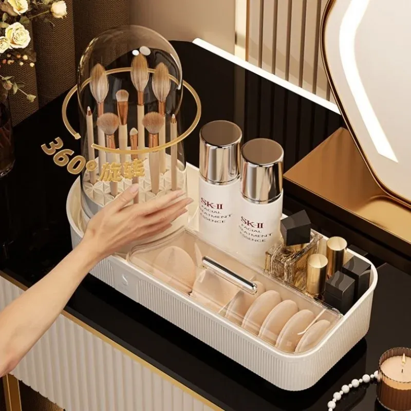 Ingrijire personala si Cosmetice - Machiaj - Portfarduri si genti cosmetice - Organizator elegant pentru pensule si produse cosmetice cu suport rotativ, 33,5 x 28 x 14 cm, Gonga® Crem - Infinity.ro