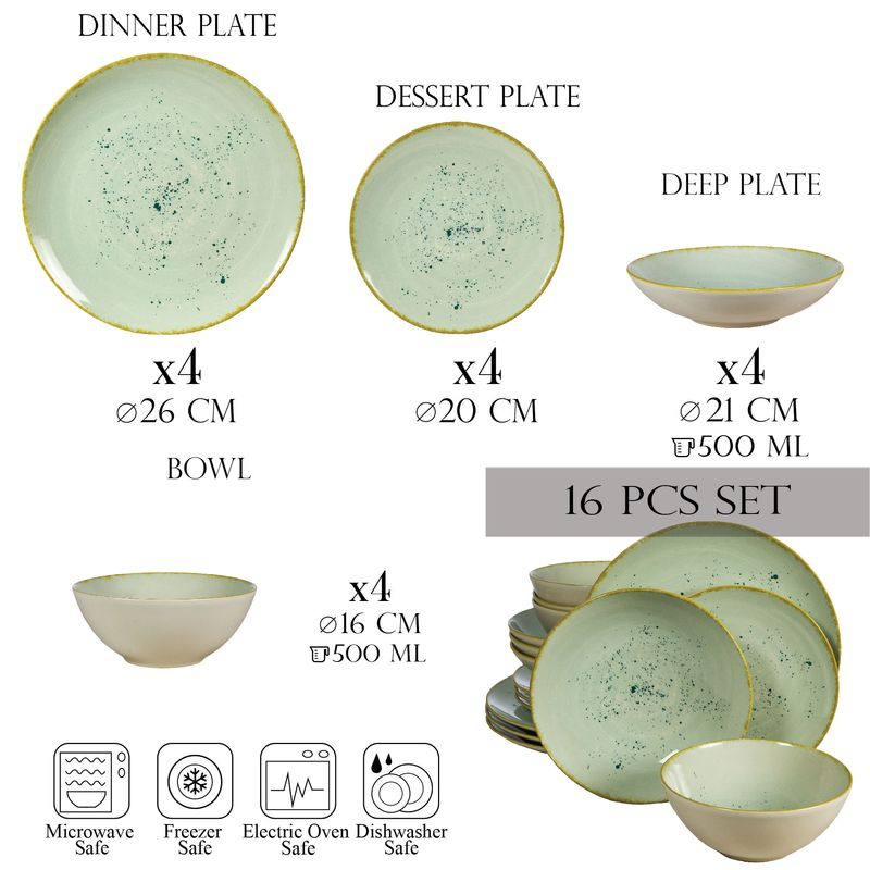 Casa si Gradina - Bucatarie si vesela - Vesela si tacamuri - Farfurii si boluri - Set farfurii 16 piese, pentru 4 persoane, Light Pistachio, Cesiro, Verde Pastel - Infinity.ro