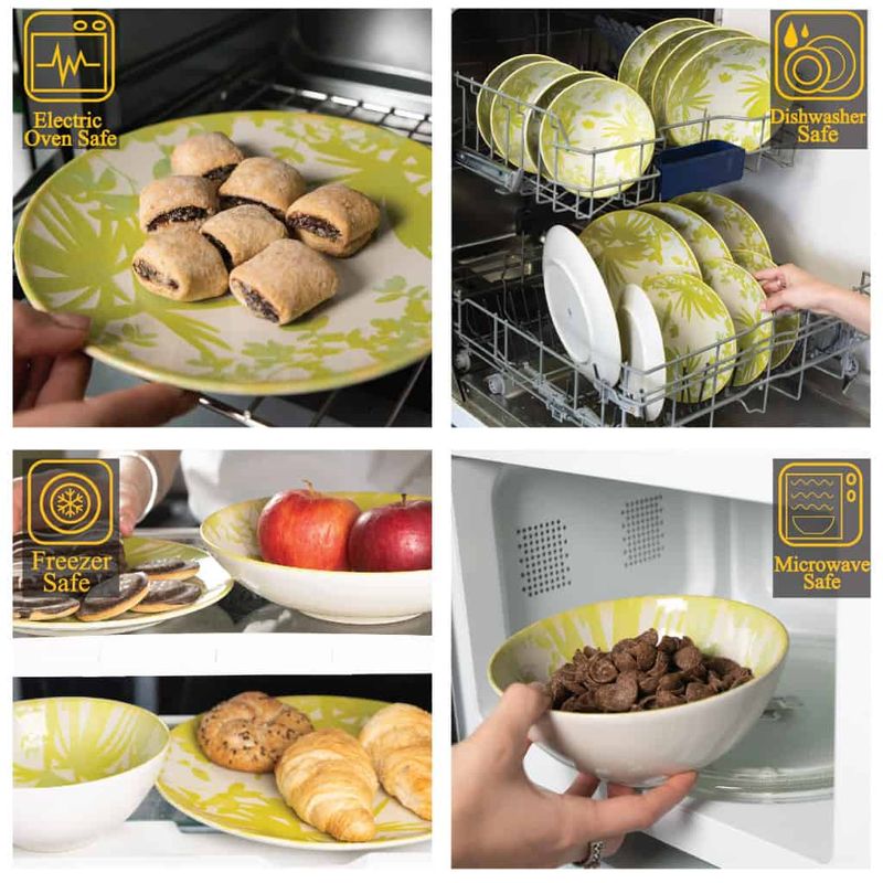 Casa si Gradina - Bucatarie si vesela - Vesela si tacamuri - Farfurii si boluri - Set farfurii 16 piese, pentru 4 persoane, Hawaii, Cesiro, Alb ivoire cu frunze verde-galbui - Infinity.ro