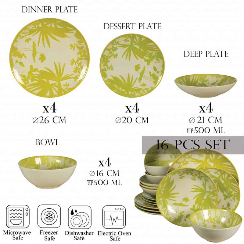 Casa si Gradina - Bucatarie si vesela - Vesela si tacamuri - Farfurii si boluri - Set farfurii 16 piese, pentru 4 persoane, Hawaii, Cesiro, Alb ivoire cu frunze verde-galbui - Infinity.ro