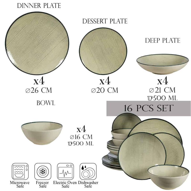 Casa si Gradina - Bucatarie si vesela - Vesela si tacamuri - Farfurii si boluri - Set farfurii 16 piese, pentru 4 persoane, Sand, Cesiro, Alb Ivoire cu margine neagra - Infinity.ro