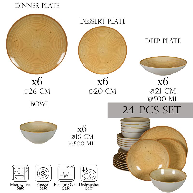 Casa si Gradina - Bucatarie si vesela - Vesela si tacamuri - Farfurii si boluri - Set farfurii 24 piese, pentru 6 persoane, Sundown, Cesiro, Alb Ivoire cu galben - Infinity.ro