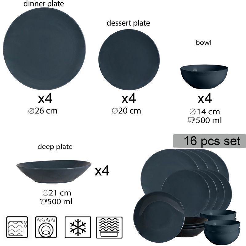 Casa si Gradina - Bucatarie si vesela - Vesela si tacamuri - Farfurii si boluri - Set farfurii 16 piese, pentru 4 persoane, Anthracite, Cesiro, Gri Lucios - Infinity.ro