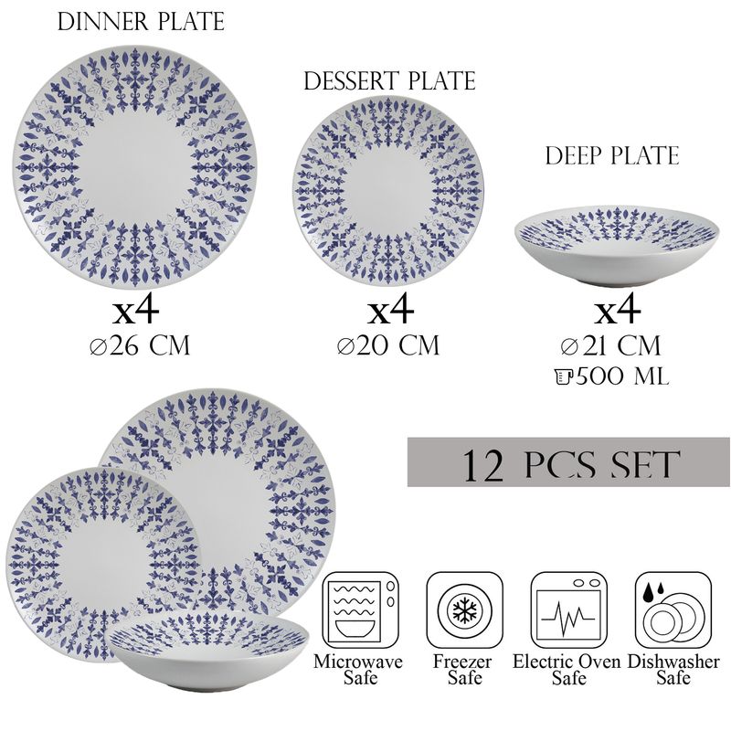 Casa si Gradina - Bucatarie si vesela - Vesela si tacamuri - Farfurii si boluri - Set farfurii 12 piese, 4 persoane, set cu farfurie adancă- Insieme Blu Elegante - Set Veselă Italiană Porțelan - Infinity.ro