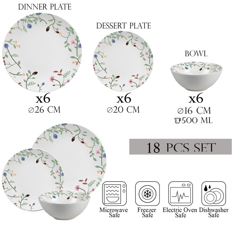 Casa si Gradina - Bucatarie si vesela - Vesela si tacamuri - Farfurii si boluri - Set farfurii 18 piese, 6 persoane, set cu bol- Insieme Fiori Eleganti - Set Veselă Italiană Porțelan - Infinity.ro