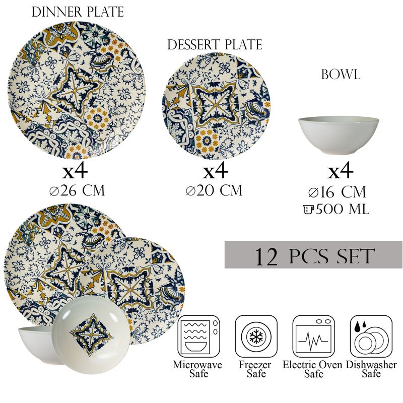 Casa si Gradina - Bucatarie si vesela - Vesela si tacamuri - Farfurii si boluri - Set farfurii 12 piese, 4 persoane, set cu bol-Ensemble Mosaico Lussuoso - Set Veselă Italiană Porțelan - Infinity.ro