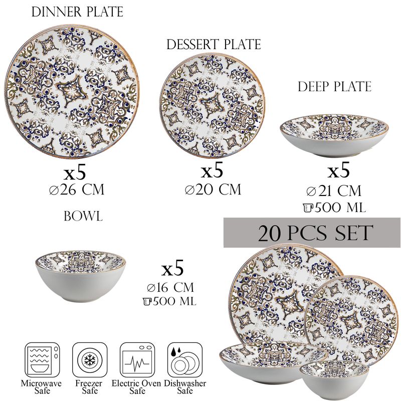 Casa si Gradina - Bucatarie si vesela - Vesela si tacamuri - Farfurii si boluri - Set farfurii 20 piese, 5 persoane - Eleganza Bronzo - Set Veselă Italiană Porțelan - Infinity.ro