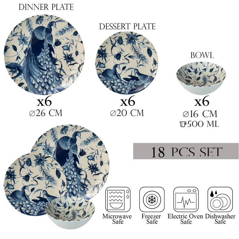 Casa si Gradina - Bucatarie si vesela - Vesela si tacamuri - Farfurii si boluri - Set farfurii 18 piese, 6 persoane, set cu bol-Ensemble Pavone Elegante - Set Veselă Italiană Porțelan - Infinity.ro