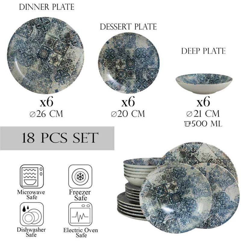Casa si Gradina - Bucatarie si vesela - Vesela si tacamuri - Farfurii si boluri - Set farfurii 18 piese, pentru 6 persoane, Blue Tiles, Cesiro, Alb Ivoire cu Albastru - Infinity.ro