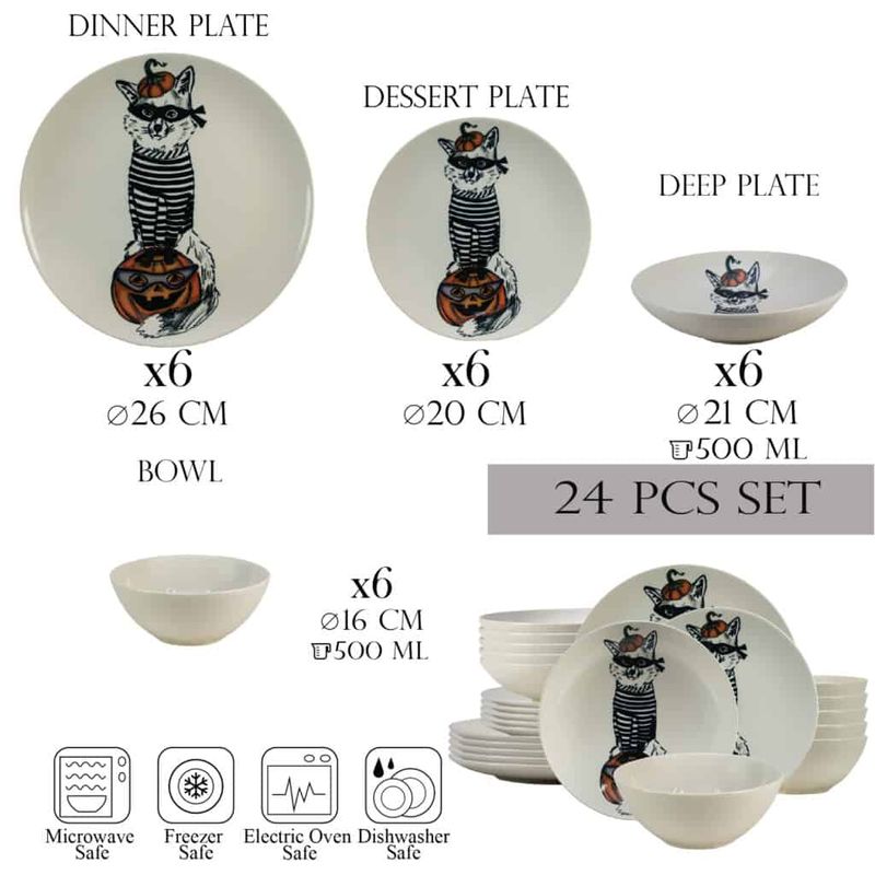 Casa si Gradina - Bucatarie si vesela - Vesela si tacamuri - Farfurii si boluri - Set farfurii 24 piese, pentru 6 persoane, Robber Cat, Cesiro, Ivoire cu Pisica - Infinity.ro