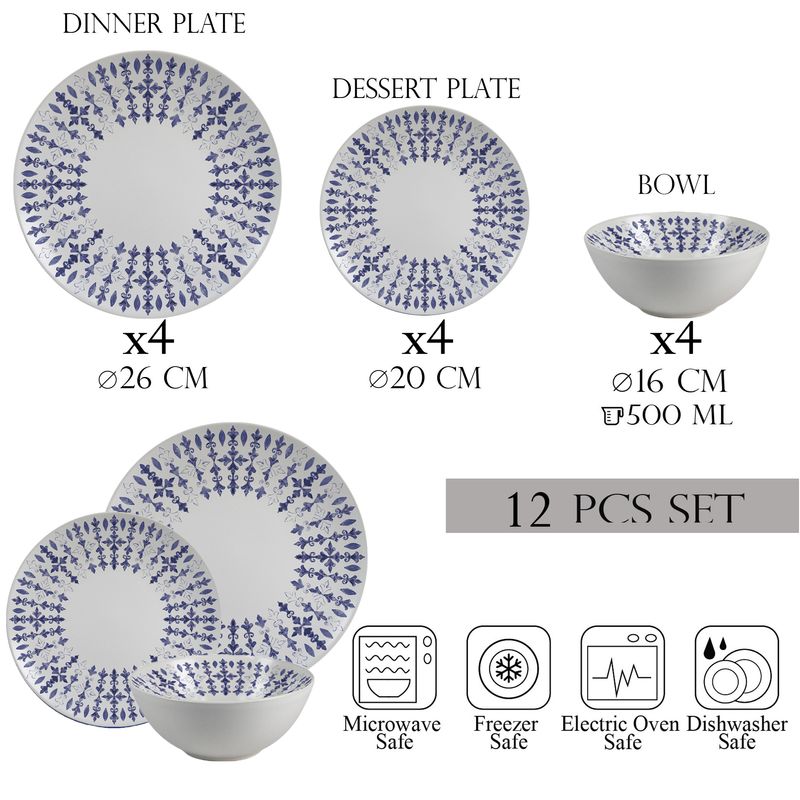 Casa si Gradina - Bucatarie si vesela - Vesela si tacamuri - Farfurii si boluri - Set farfurii 12 piese, 4 persoane, set cu bol- Insieme Blu Elegante - Set Veselă Italiană Porțelan - Infinity.ro