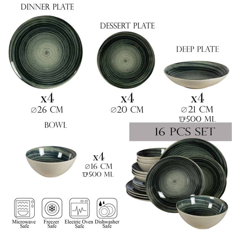 Casa si Gradina - Bucatarie si vesela - Vesela si tacamuri - Farfurii si boluri - Set farfurii 16 piese, pentru 4 persoane, Whirlwind, Cesiro, Alb Ivoire cu negru - Infinity.ro