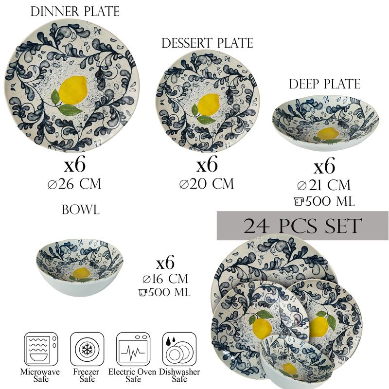 Casa si Gradina - Bucatarie si vesela - Vesela si tacamuri - Farfurii si boluri - Set farfurii 24 piese, 6 persoane - Ensemble Limone Elegante - Set Veselă Italiană Porțelan - Infinity.ro