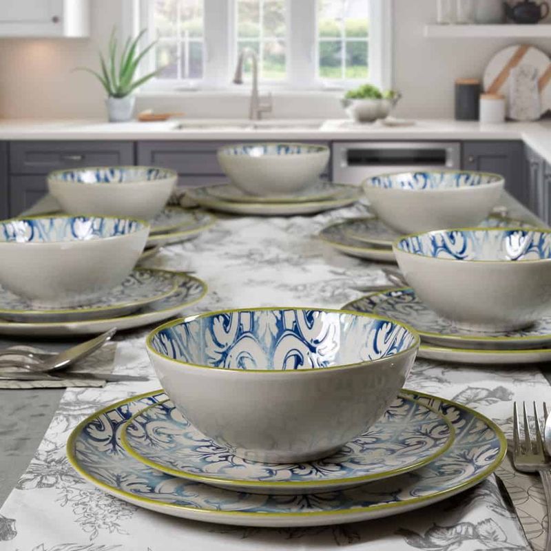 Casa si Gradina - Bucatarie si vesela - Vesela si tacamuri - Farfurii si boluri - Set farfurii 18 piese, pentru 6 persoane, Marocco, Cesiro, Alb Ivoire cu albastru - Infinity.ro