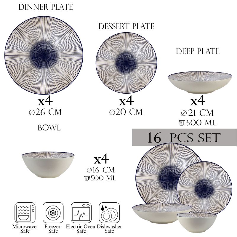 Casa si Gradina - Bucatarie si vesela - Vesela si tacamuri - Farfurii si boluri - Set farfurii 16 piese, 4 persoane-Ensemble Eleganza Blu - Set Veselă Italiană Porțelan - Infinity.ro
