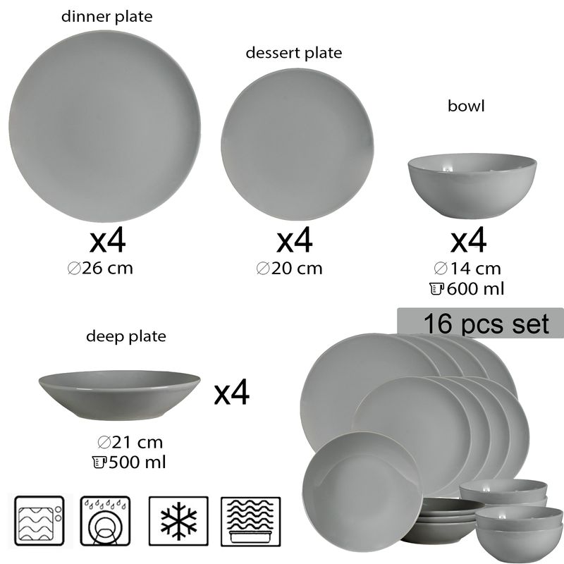Casa si Gradina - Bucatarie si vesela - Vesela si tacamuri - Farfurii si boluri - Set farfurii 16 piese, pentru 4 persoane, Silver, Cesiro, Gri Lucios - Infinity.ro