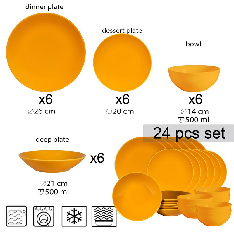 Casa si Gradina - Bucatarie si vesela - Vesela si tacamuri - Farfurii si boluri - Set farfurii 24 piese, pentru 6 persoane, Sun, Cesiro, Galben Lucios - Infinity.ro