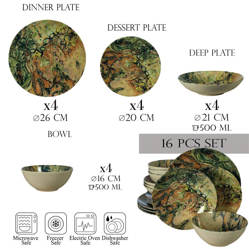 Casa si Gradina - Bucatarie si vesela - Vesela si tacamuri - Farfurii si boluri - Set farfurii 16 piese, pentru 4 persoane, Abstract Art, Cesiro, Multicolor - Infinity.ro