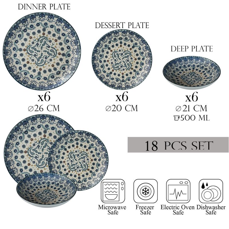 Casa si Gradina - Bucatarie si vesela - Vesela si tacamuri - Farfurii si boluri - Set farfurii 18 piese, 6 persoane, set cu farfurie adancă-Ensemble Serenità Blu - Set Veselă Italiană Porțelan - Infinity.ro