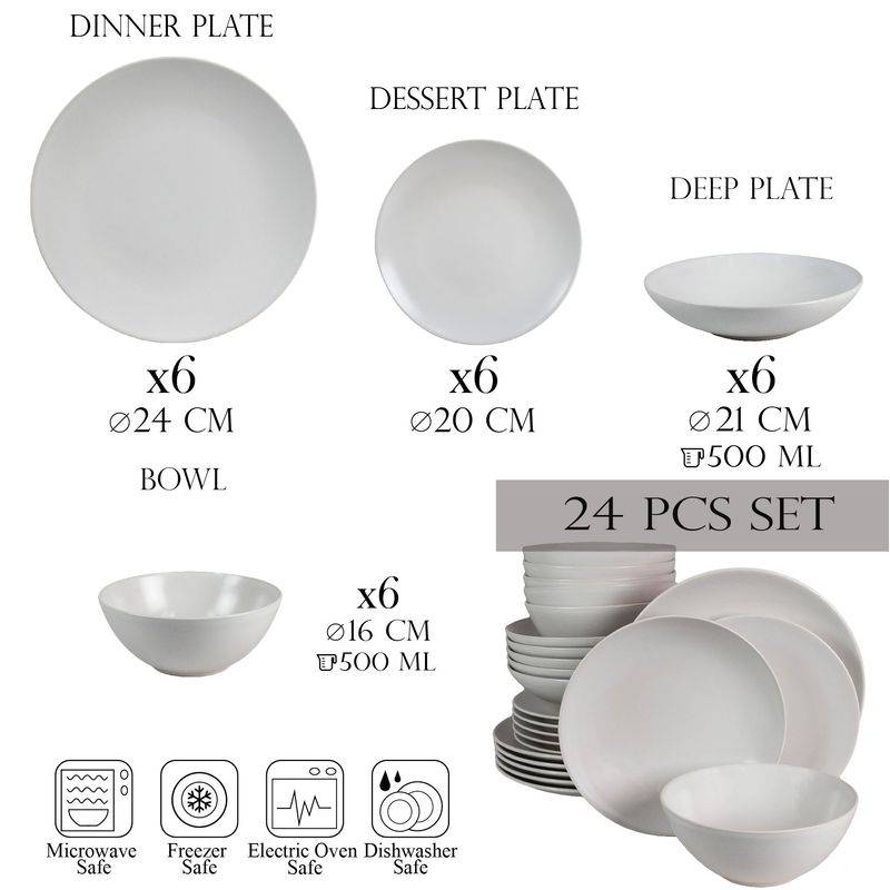 Casa si Gradina - Bucatarie si vesela - Vesela si tacamuri - Farfurii si boluri - Set farfurii 24 piese, pentru 6 persoane, Snow, Cesiro, Alb Mat - Infinity.ro