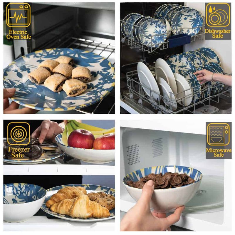 Casa si Gradina - Bucatarie si vesela - Vesela si tacamuri - Farfurii si boluri - Set farfurii 24 piese, pentru 6 persoane, Hawaii, Cesiro, Alb ivoire cu frunze albastru inchis - Infinity.ro