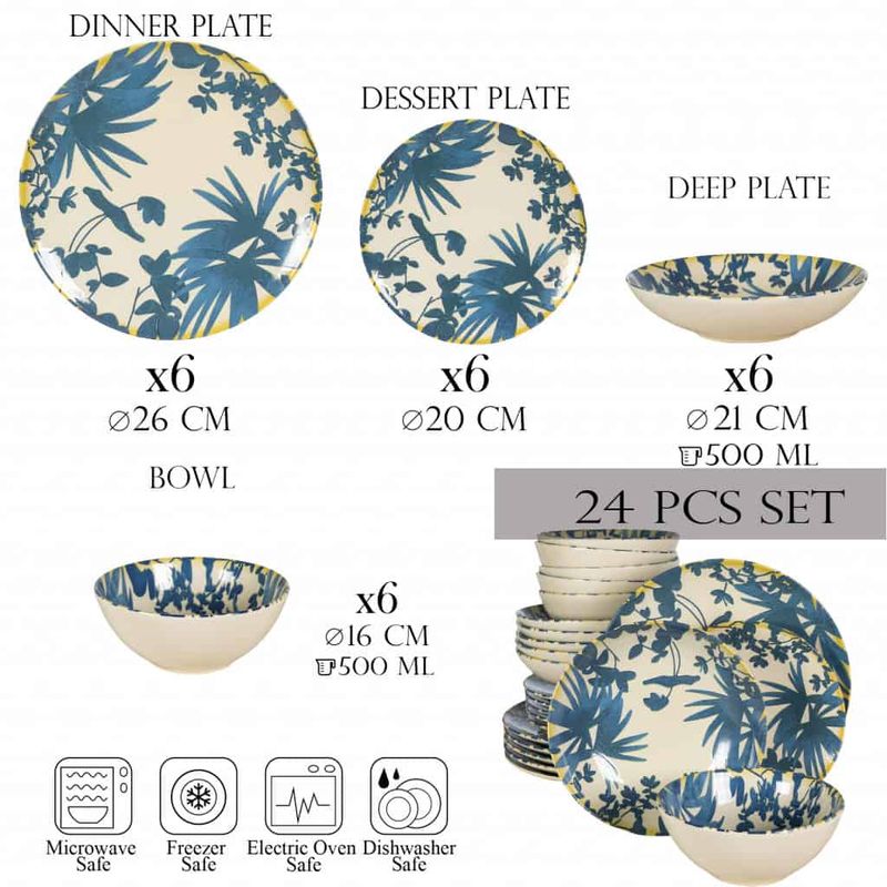 Casa si Gradina - Bucatarie si vesela - Vesela si tacamuri - Farfurii si boluri - Set farfurii 24 piese, pentru 6 persoane, Hawaii, Cesiro, Alb ivoire cu frunze albastru inchis - Infinity.ro