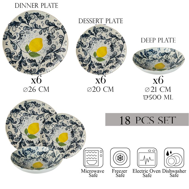 Casa si Gradina - Bucatarie si vesela - Vesela si tacamuri - Farfurii si boluri - Set farfurii 18 piese, 6 persoane, set cu farfurie adancă-Ensemble Limone Elegante - Set Veselă Italiană Porțelan - Infinity.ro