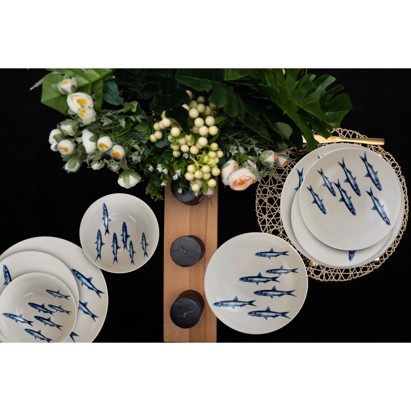 Casa si Gradina - Bucatarie si vesela - Vesela si tacamuri - Farfurii si boluri - Set farfurii 16 piese, pentru 4 persoane, Eleganta Marina, Cesiro, Alb decor sardine - Infinity.ro