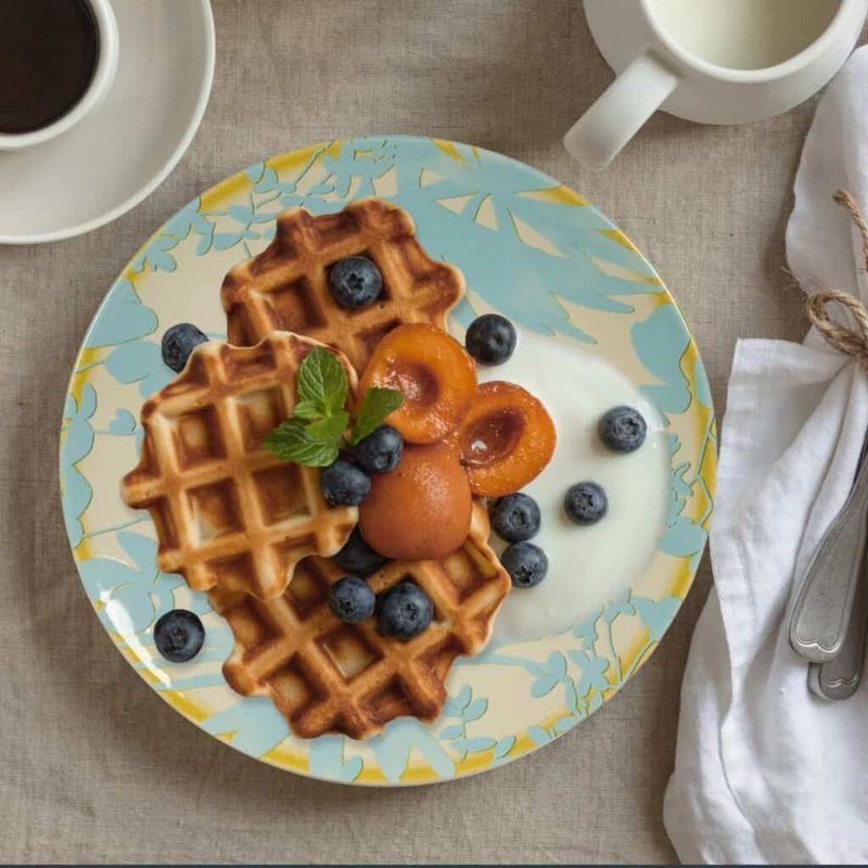 Casa si Gradina - Bucatarie si vesela - Vesela si tacamuri - Farfurii si boluri - Set farfurii 24 piese, pentru 6 persoane, Hawaii, Cesiro, Alb ivoire cu frunze albastru deschis - Infinity.ro