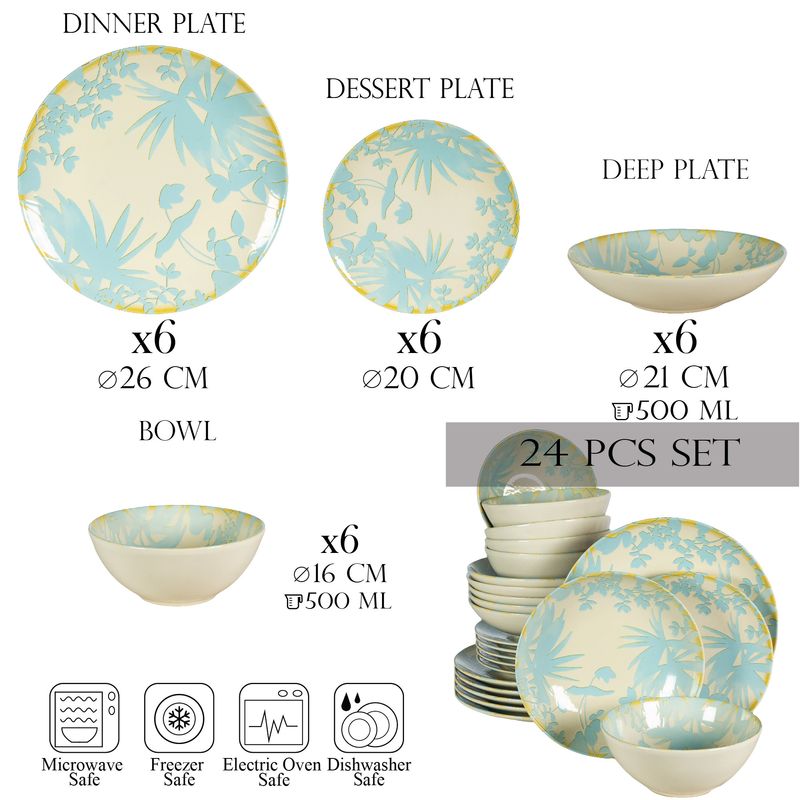 Casa si Gradina - Bucatarie si vesela - Vesela si tacamuri - Farfurii si boluri - Set farfurii 24 piese, pentru 6 persoane, Hawaii, Cesiro, Alb ivoire cu frunze albastru deschis - Infinity.ro