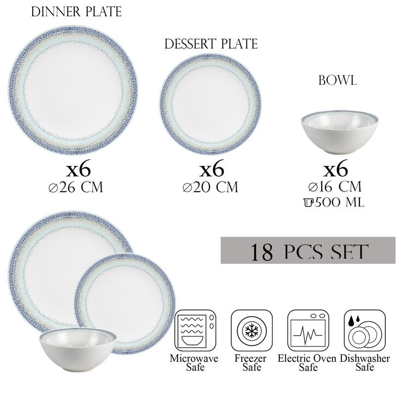 Casa si Gradina - Bucatarie si vesela - Vesela si tacamuri - Farfurii si boluri - Set farfurii 18 piese, 6 persoane, set cu bol- Ensemble Bella Blu - Set Veselă Italiană Porțelan - Infinity.ro