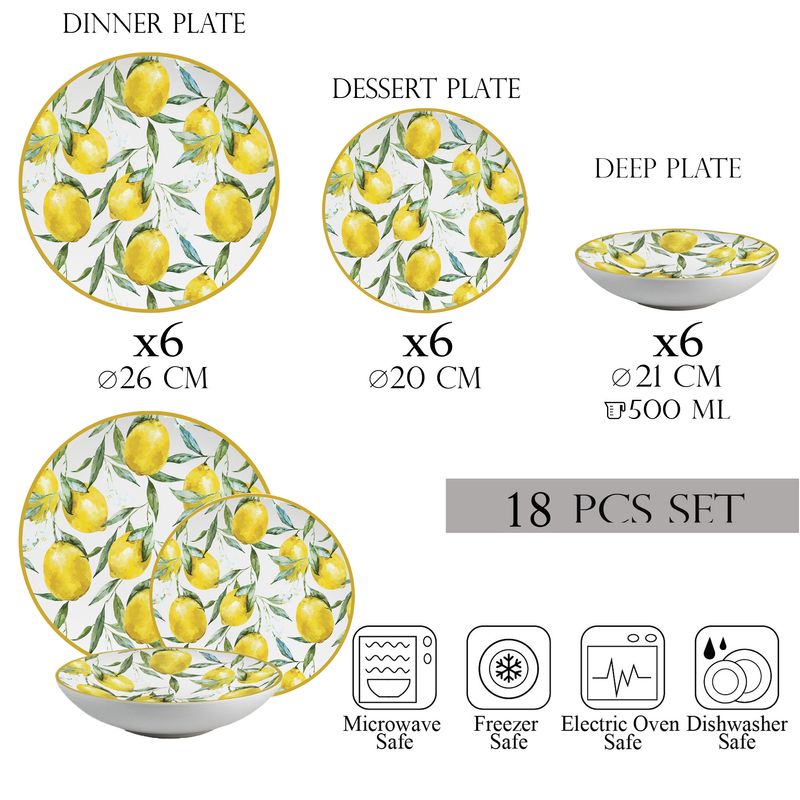 Casa si Gradina - Bucatarie si vesela - Vesela si tacamuri - Farfurii si boluri - Set farfurii 18 piese, 6 persoane, set cu farfurie adancă- Set de Veselă Limone di Lusso - Set Veselă Italiană Porțelan - Infinity.ro