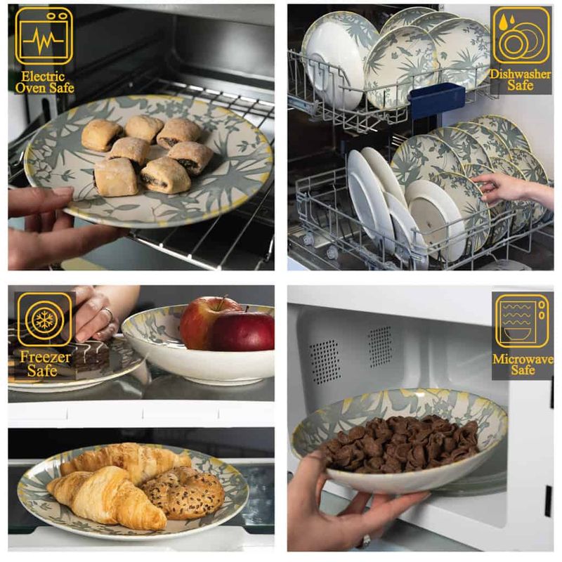 Casa si Gradina - Bucatarie si vesela - Vesela si tacamuri - Farfurii si boluri - Set farfurii 16 piese, pentru 4 persoane, Hawaii, Cesiro, Alb ivoire cu frunze gri - Infinity.ro