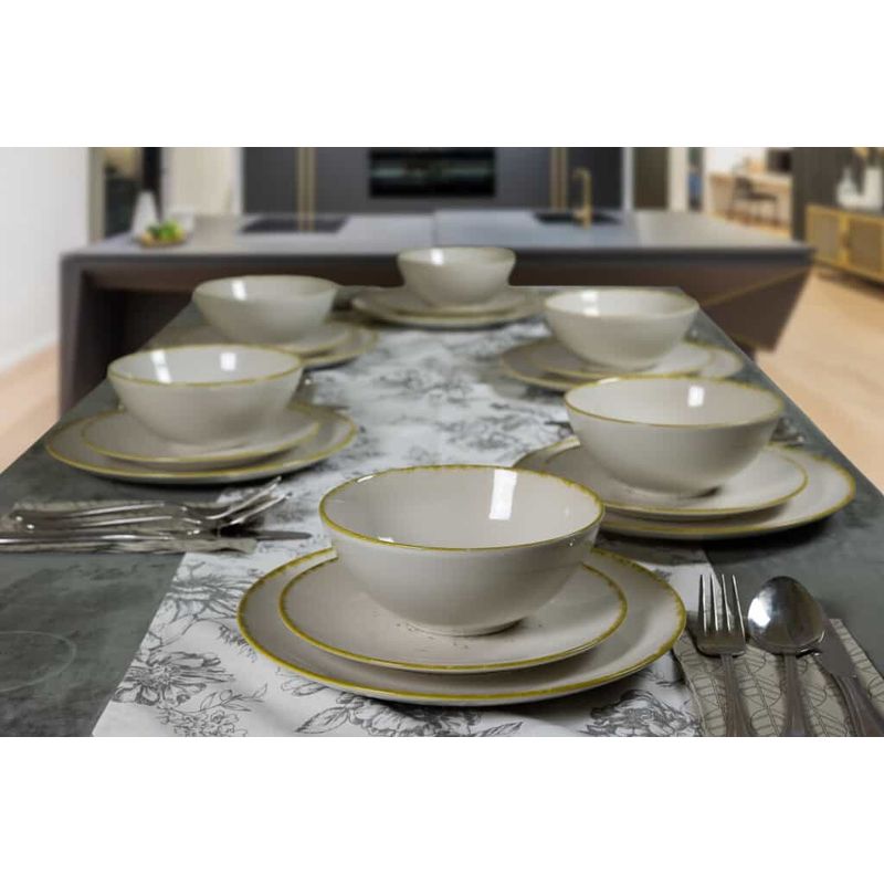 Casa si Gradina - Bucatarie si vesela - Vesela si tacamuri - Farfurii si boluri - Set farfurii 18 piese, pentru 6 persoane, Ivory Stone, Cesiro, Alb Ivoire Lucios cu margine aurie - Infinity.ro