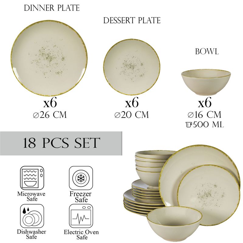 Casa si Gradina - Bucatarie si vesela - Vesela si tacamuri - Farfurii si boluri - Set farfurii 18 piese, pentru 6 persoane, Ivory Stone, Cesiro, Alb Ivoire Lucios cu margine aurie - Infinity.ro