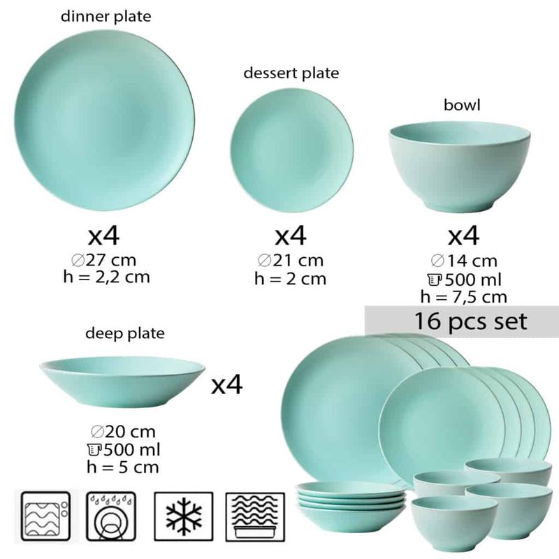 Casa si Gradina - Bucatarie si vesela - Vesela si tacamuri - Farfurii si boluri - Set farfurii 16 piese, pentru 4 persoane, Peppermint, Cesiro, Verde Menta Mat - Infinity.ro