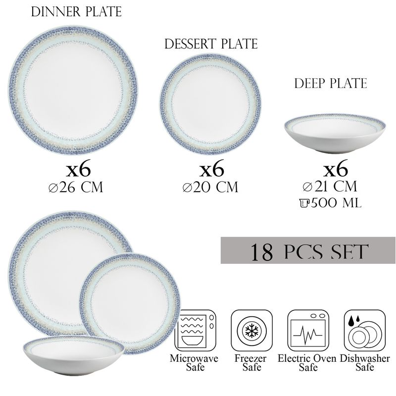 Casa si Gradina - Bucatarie si vesela - Vesela si tacamuri - Farfurii si boluri - Set farfurii 18 piese, 6 persoane, set cu farfurie adancă- Ensemble Bella Blu - Set Veselă Italiană Porțelan - Infinity.ro