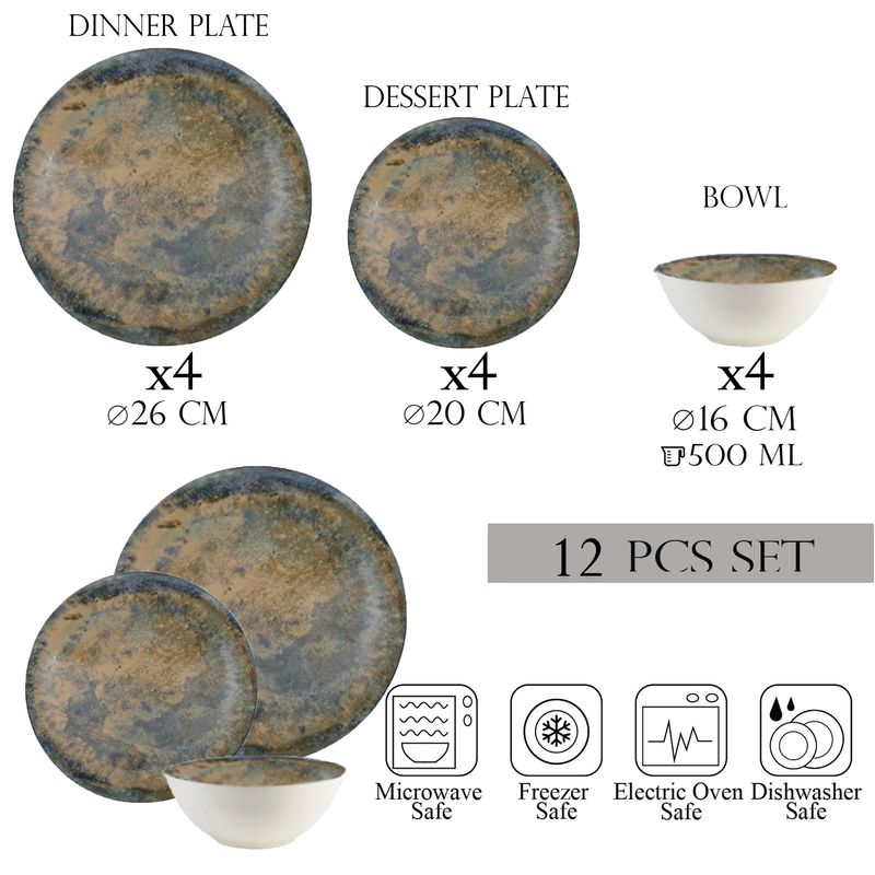 Casa si Gradina - Bucatarie si vesela - Vesela si tacamuri - Farfurii si boluri - Set farfurii 12 piese, 4 persoane, set cu bol- Ensemble Bronzo Elegante - Set Veselă Italiană Porțelan - Infinity.ro