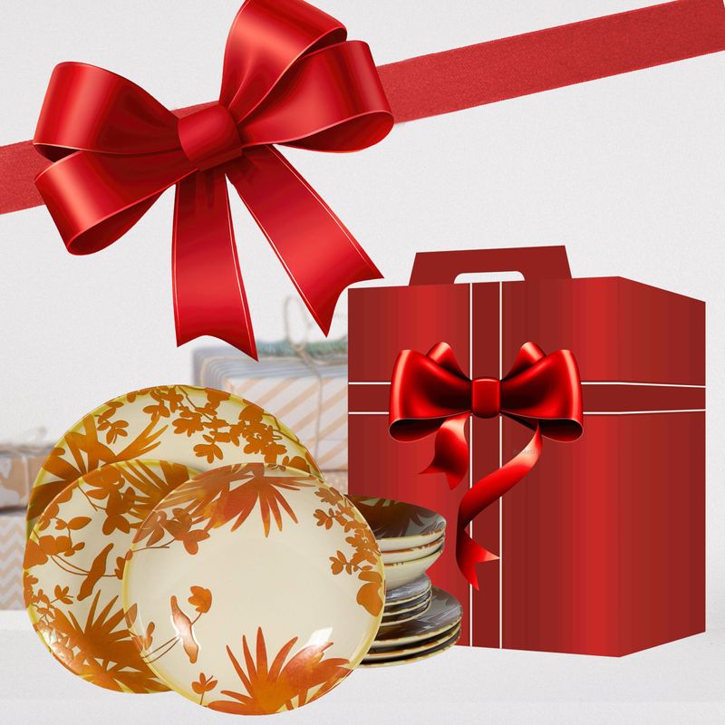 Casa si Gradina - Bucatarie si vesela - Vesela si tacamuri - Farfurii si boluri - Set farfurii 12 piese, pentru 4 persoane, Cesiro, Alb Ivoire cu frunze portocalii - Infinity.ro