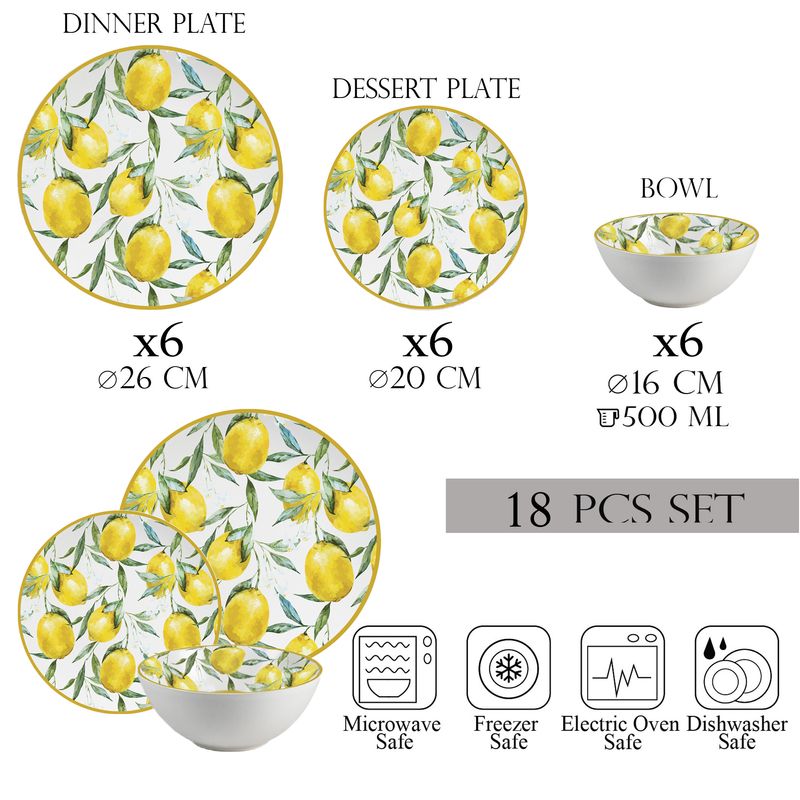 Casa si Gradina - Bucatarie si vesela - Vesela si tacamuri - Farfurii si boluri - Set farfurii 18 piese, 6 persoane, set cu bol- Set de Veselă Limone di Lusso - Set Veselă Italiană Porțelan - Infinity.ro