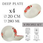 Casa si Gradina - Bucatarie si vesela - Vesela si tacamuri - Farfurii si boluri - Set 4 farfurii adanci 20 cm x 280 ml, pentru 4 persoane, Cesiro Porțelan, Ivoire cu trandafir rosu - Infinity.ro