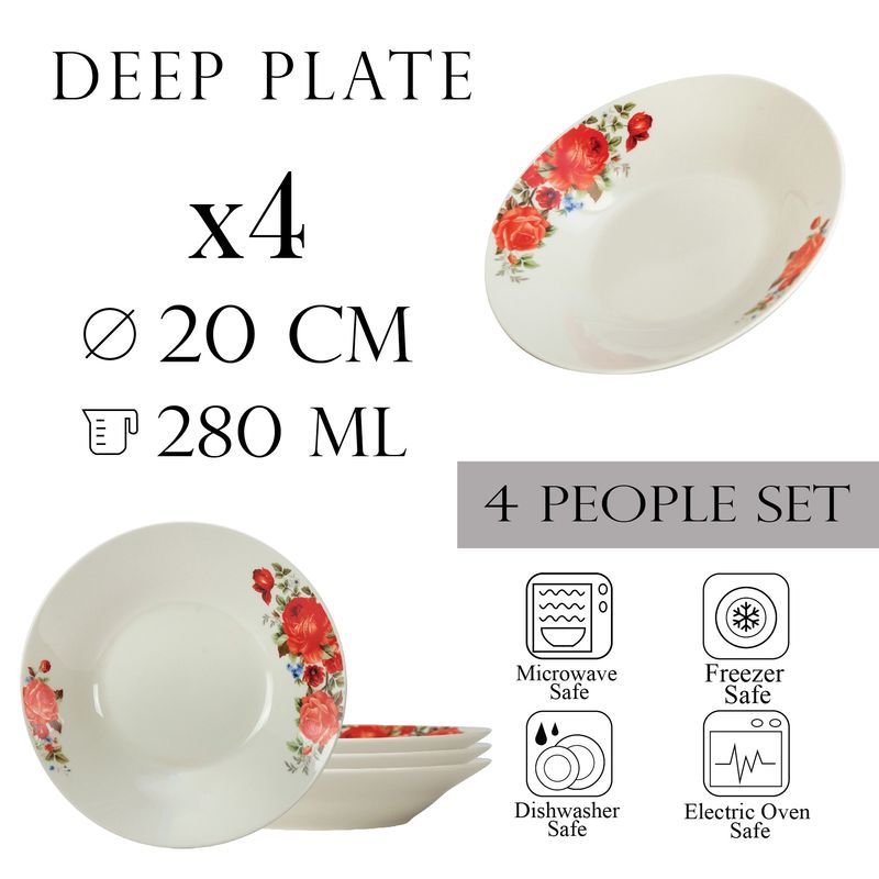 Casa si Gradina - Bucatarie si vesela - Vesela si tacamuri - Farfurii si boluri - Set 4 farfurii adanci 20 cm x 280 ml, pentru 4 persoane, Cesiro Porțelan, Ivoire cu trandafir rosu - Infinity.ro