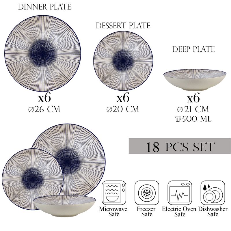 Casa si Gradina - Bucatarie si vesela - Vesela si tacamuri - Farfurii si boluri - Set farfurii 18 piese, 6 persoane, set cu farfurie adancă-Ensemble Eleganza Blu - Set Veselă Italiană Porțelan - Infinity.ro
