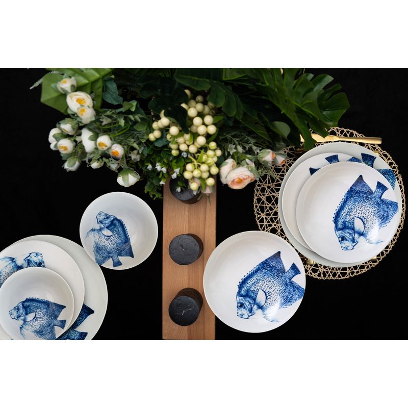 Casa si Gradina - Bucatarie si vesela - Vesela si tacamuri - Farfurii si boluri - Set farfurii 12 piese, pentru 4 persoane, Spectacol Subacvatic, Cesiro, Alb decor pesti - Infinity.ro