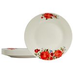 Casa si Gradina - Bucatarie si vesela - Vesela si tacamuri - Farfurii si boluri - Set 6 farfurii intinse 23 cm, pentru 6 persoane, Ivoire cu trandafir rosu - Infinity.ro