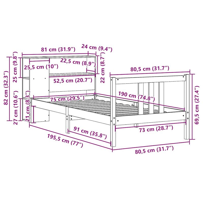 Casa si Gradina - Mobilier - Paturi si accesorii - Paturi - Pat cu biblioteca fara saltea, 75x190 cm, lemn masiv de pin - Infinity.ro