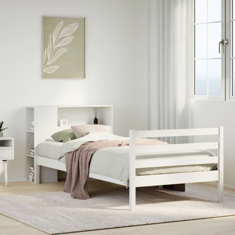 Casa si Gradina - Mobilier - Paturi si accesorii - Paturi - Pat cu biblioteca fara saltea, alb, 90x190 cm, lemn masiv pin - Infinity.ro