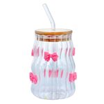 Casa si Gradina/Bucatarie si vesela/Cani si pahare/Cani si cesti - Pahar din sticla cu pereti ondulati, fundite roz, capac din bambus si pai, 450 ml - Infinity.ro