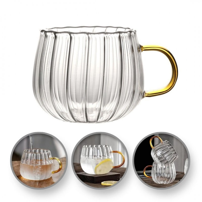 Casa si Gradina - Bucatarie si vesela - Cani si pahare - Cani si cesti - Cana din sticla, cu pereti ondulati si maner auriu, 350 ml - Infinity.ro