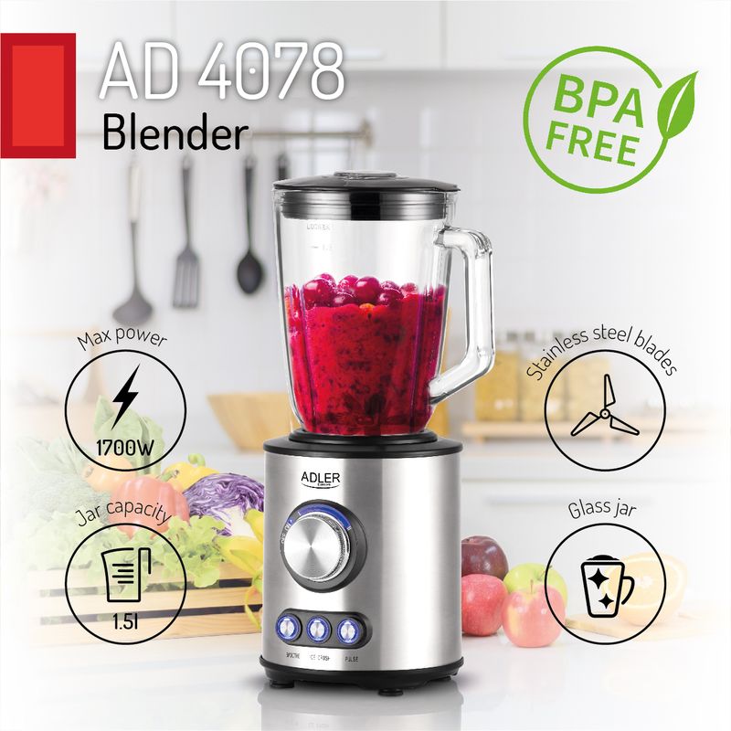 Electronice si Electrocasnice - Electrocasnice bucatarie - Mixere, tocatoare & roboti de bucatarie - Blendere si mini tocatoare - Blender Adler AD 4078, 1700 W, Argintiu - Infinity.ro